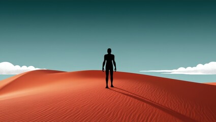 Obraz premium Humanoid Robot Standing in Desert Landscape with Red Sand and Warm Sky