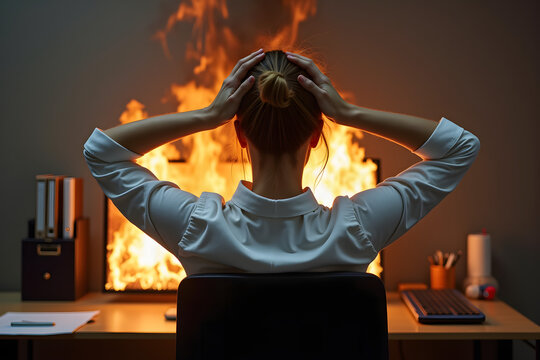 desperate stressed business worker woman grabs her head and  watching her working computer on fire