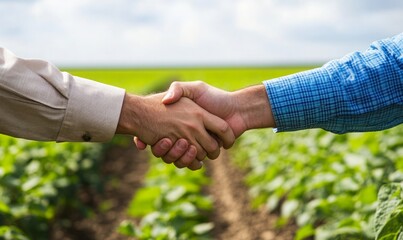 Farmers in a soy field shaking hands to finalize a deal