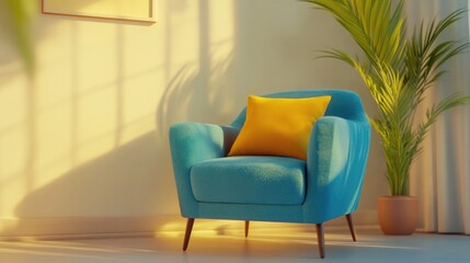 Blue armchair adorned with a mustard pillow against a crisp white wall in a cozy lounge setting