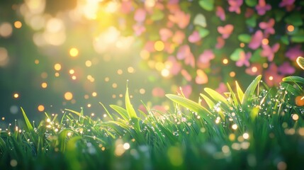 Morning dew glistening on vibrant green grass with sunlight creating a dreamy bokeh effect ideal for nature and tranquility themes