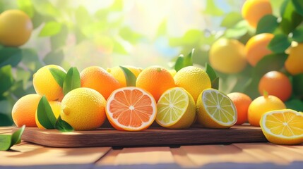 Naklejka premium Vibrant pile of freshly ripened citrus fruits on a rustic wooden board showcasing natural freshness and color