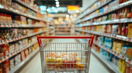 Shopping cart in blurred grocery store aisle