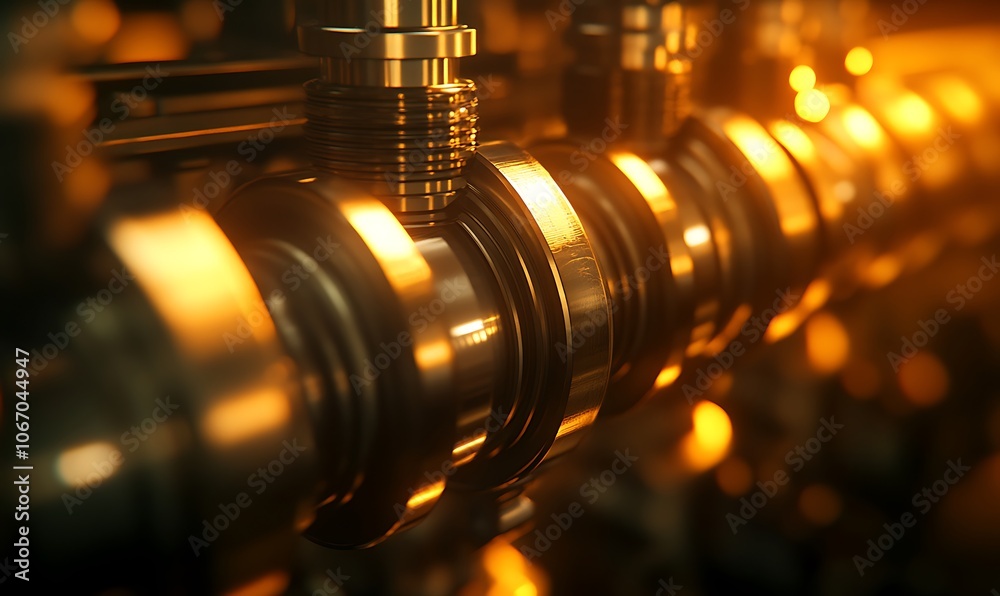 Poster A close-up of a shiny mechanical component displaying intricate details, illuminated by warm light, suggesting sophistication in engineering.