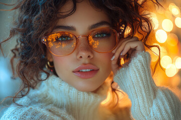 Fototapeta premium A woman in a white sweater, adjusting her holiday glasses with a bright smile, capturing the festive spirit,
