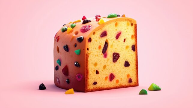 Slice of Panettone fruit cake featuring colorful diced fruit pieces perfect for festive celebrations