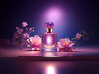 A glass bottle of perfume with a pink and gold cap sits on a pink surface surrounded by pink blossoms.