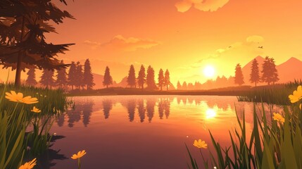 Obraz premium Calm lake at sunset reflecting warm colors and tree silhouettes creating a serene landscape