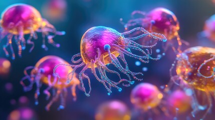 Obraz premium Live marine dinoflagellates displayed in selective focus showcasing their unique cellular structures and vibrant colors