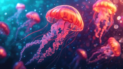 Fototapeta premium Vibrant red jellyfish gracefully moving together in deep dark water aquatic beauty mesmerizing underwater scene