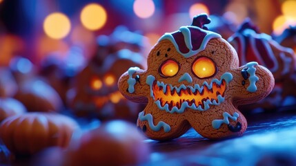 Closeup of a gingerbread cookie adorned with spooky facial decorations perfect for Halloween festivities