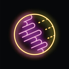 Obraz premium Glowing neon icon of planet with craters, shining bright in purple and yellow on dark background