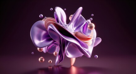 Fototapeta premium Metallic purple and pink abstract form with spheres floating on dark background, creating a visually appealing design