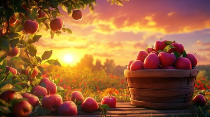 Apples arranged in a rustic wooden basket on a table during a vibrant sunset symbolizing autumn harvest season