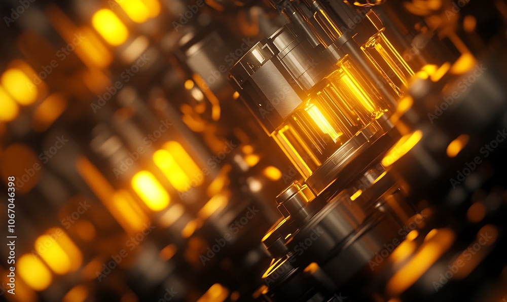 Poster a close-up view of illuminated circuitry, focusing on radiant tubes, showcasing a mix of metallic an