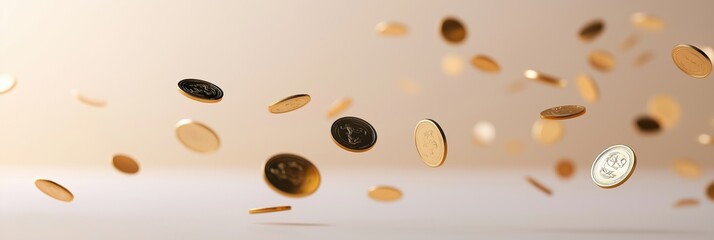 A bunch of gold coins are flying through the air. The coins are scattered in different directions, creating a sense of chaos and excitement. The image conveys a feeling of abundance and wealth