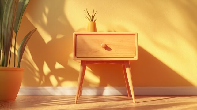 Mid century style bedside table in natural wood finish featuring a sleek drawer ideal for minimalist bedroom decor