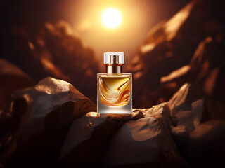 A single perfume bottle sits on a rocky surface with the sun setting behind it.