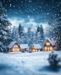 Snowy landscape with cozy house, snow-covered trees, winter wonderland