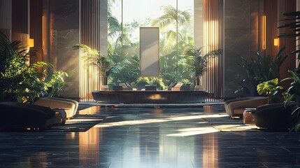 A Super Realistic 3D Hotel Lobby with Calm Atmosphere and Luxurious Touches