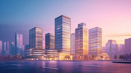 Fototapeta premium Contemporary urban office towers illuminated by the soft hues of dawn showcasing modern architecture and city life