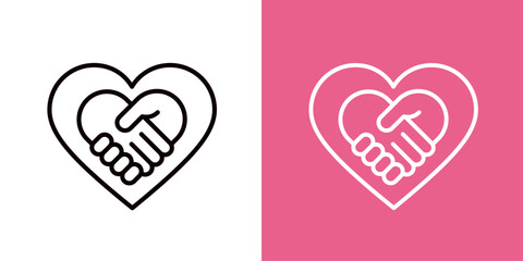 線画の大きなハートと、ハート型の握手のアイコンセット＿太い線