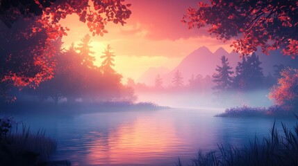 Obraz premium Misty river landscape at dawn with soft fog enveloping the water perfect for tranquil scenery enthusiasts