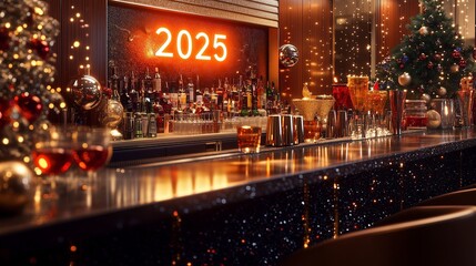 A stylish, contemporary bar with a sleek "2025" sign glowing above the polished countertop, surrounded by shimmering lights, festive decorations, and elegantly arranged drinks.