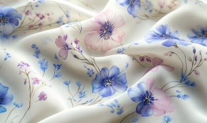 Floral fabric pattern, soft pastel blooms, delicate vines, watercolor style
