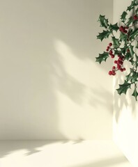 White wall adorned with holly leaves, vibrant red berries. Christmas decor