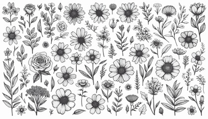 Set of different flowers, brunch and frames from flat editable stroke. Luxury line floral collection for wedding invitation art, design template. Botanical vector