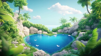 Heart shaped lake surrounded by lush greenery beside a tranquil sea perfect for nature lovers and photographers