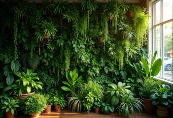 Fototapeta premium Lush green indoor plants create vibrant, natural atmosphere in cozy space. variety of foliage adds texture and life, enhancing room aesthetic appeal