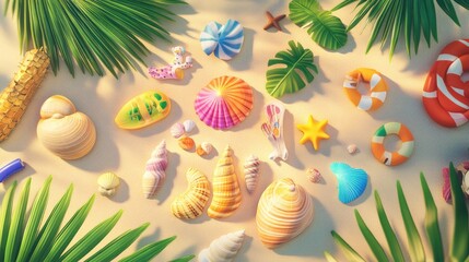 Bird s eye view of a family getaway display featuring marine shells beach toys and accessories on a palm leaf perfect for summer promotions