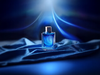 A single bottle of blue cologne sits on a piece of blue fabric, illuminated by a bright light.