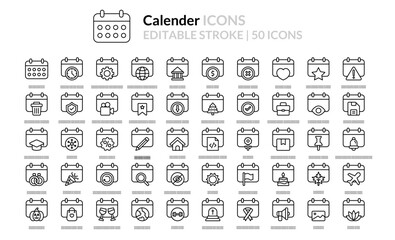 Calendar Icon Set in Stroke Style 50 Vector Icons in Black