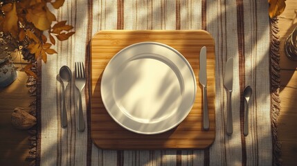 Rustic wooden cutting board with empty white plate and utensils on an old linen cloth top view of a dining setup