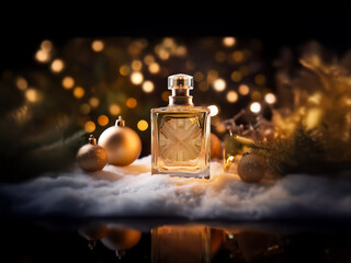 A glass bottle of perfume sits on a bed of white fluffy snow. The bottle is square, with a clear glass body and a gold cap. It is surrounded by gold baubles and evergreen branches, and the background 
