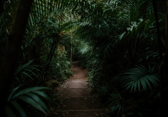 Fototapeta premium Dirt path with steps disappearing into the deep tropical rainforest, surrounded by lush green foliage