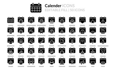 Calendar Icon Set in Fill Style 50 Vector Icons in Black