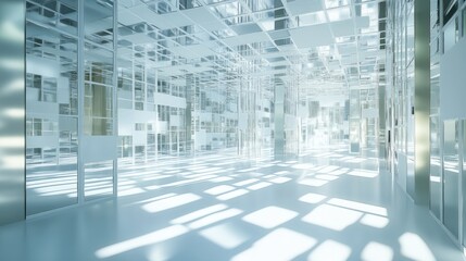 Obraz premium An abstract labyrinth of mirrors and white grid panels, with light bouncing off the surfaces, creating dynamic reflections and shadows.