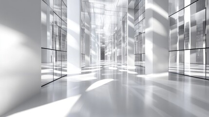 An abstract labyrinth of mirrors and white grid panels, with light bouncing off the surfaces, creating dynamic reflections and shadows.