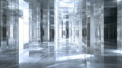 An abstract labyrinth of mirrors and white grid panels, with light bouncing off the surfaces, creating dynamic reflections and shadows.