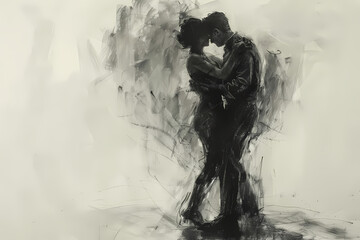 A romantic couple, embracing passionately in a dynamic black and white illustration, capturing the essence of love and intimacy.