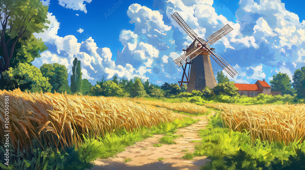 Poster golden wheat field with windmill in the distance