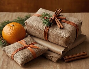 Beautifully wrapped holiday gifts with burlap, orange, and cinnamon sticks against a warm, rustic...