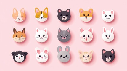 Obraz premium Collection of 20 animals with round faces, including cats, dogs, and rabbits, each depicted with cute and expressive features against a simple background.