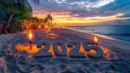 A vibrant, tropical beach scene at sunset, with the numbers "2025" sculpted in sand and illuminated by glowing torches and festive fairy lights in the background.