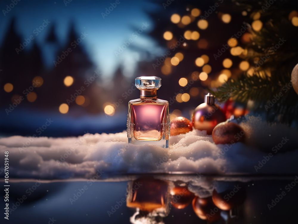 Poster a bottle of perfume sits on a bed of white snow with ornaments and fir branches. warm fairy lights b