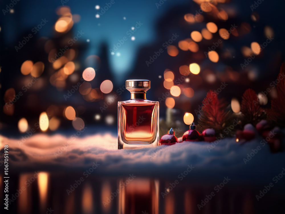 Poster a perfume bottle sits on a snowy surface in front of a blurred background of christmas lights.